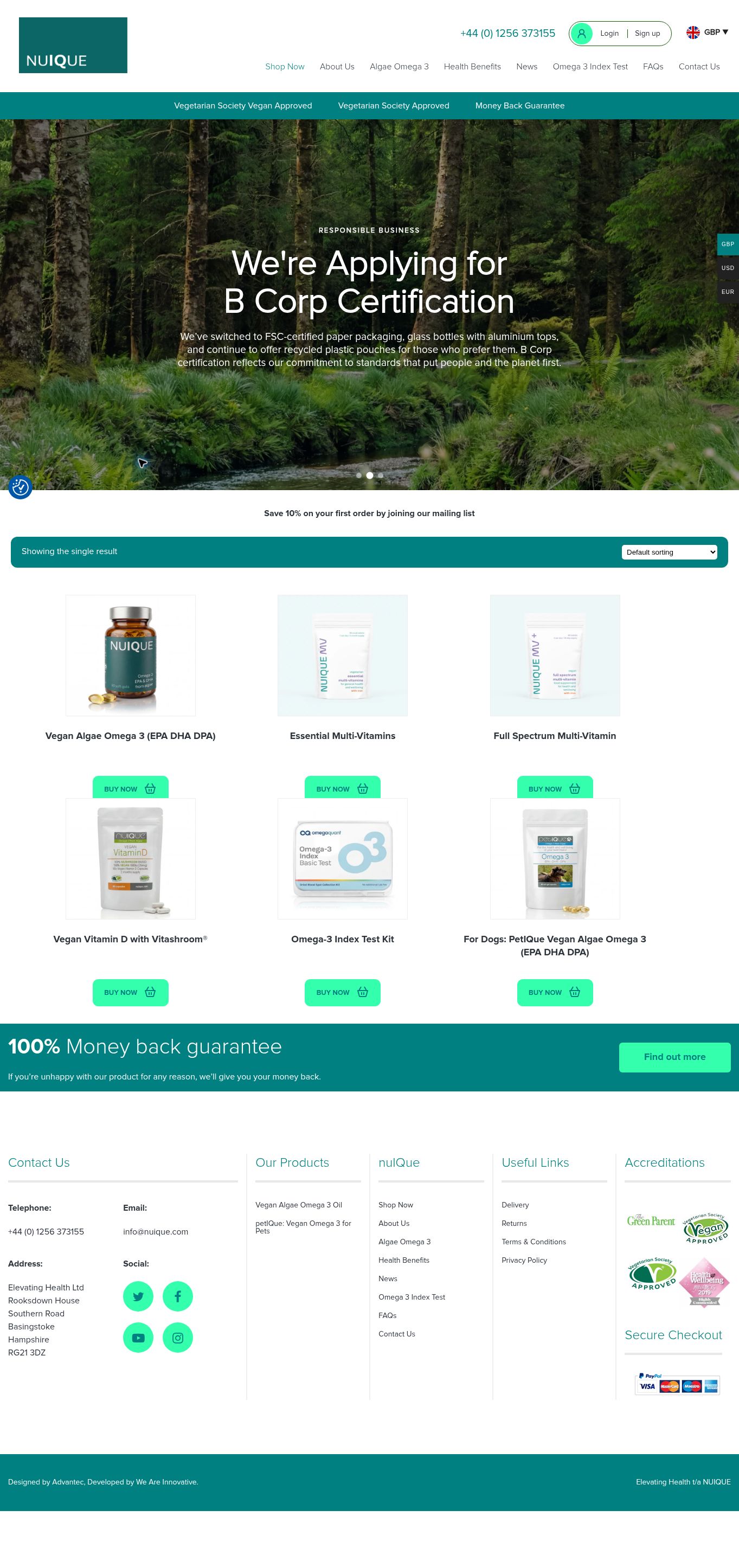 Scrolling view of the NuIQue website homepage and product range
